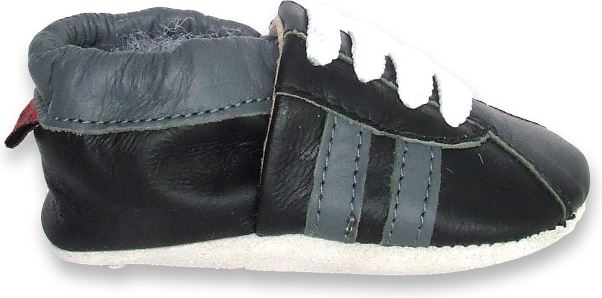 Aapie babyslofjes - Sneaker zwart grijs - slofjes voor baby, dreumes - leer - antislip - eerste loopschoentjes - maat XL