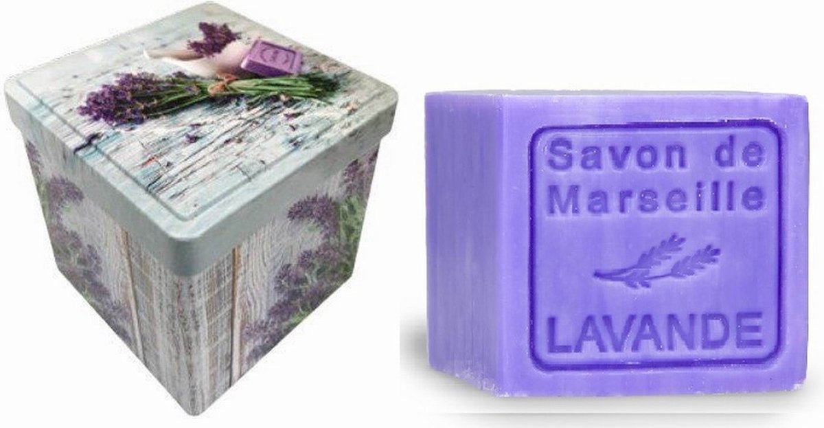 Metalen zeepblik vierkant met opdruk Brin de Lavande met zeepblok Lavendel – Vintage voorraadblik – Franse handzeep – Marseille zeep Marseillezeep