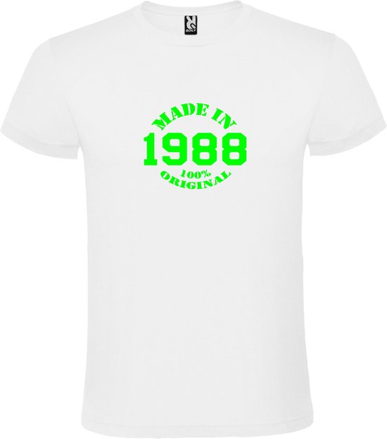 Wit T-Shirt met “Made in 1988 / 100% Original “ Afbeelding Neon Groen Size XXXXL