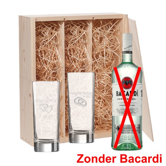 Bacardi pakket | drie vaks houten kistje | Zonder bacardi | 2 longdrinkglazen | incl. Gravure op de glazen | moederdag - vaderdag - verjaardag - uniek - persoonlijk - Geschenkgraveren.nl