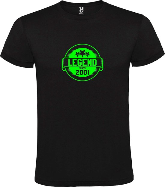 Zwart T-Shirt met “Legend sinds 2001 “ Afbeelding Neon Groen Size S