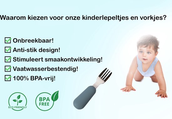 JU&MP Kinderbestek - Baby - 2 Baby Lepeltjes en Vorkjes - Baby Bestek - BPA-Vrij - RVS - Grijs Blauw - JU&MP