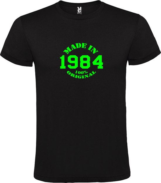 Zwart T-Shirt met “Made in 1984 / 100% Original “ Afbeelding Neon Groen Size S