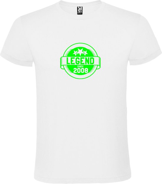 Wit T-Shirt met “Legend sinds 2008 “ Afbeelding Neon Groen Size XS