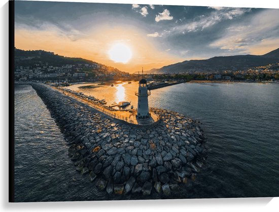 Canvas - Zonsondergang bij Vuurtoren aan Zee van Antalya, Turkije - 100x75 cm Foto op Canvas Schilderij (Wanddecoratie op Canvas)