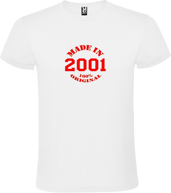 Wit T-Shirt met “Made in 2001 / 100% Original “ Afbeelding Rood Size XS