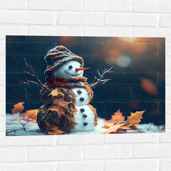 Muursticker - Sneeuwpop met Takken Armen tussen de Herfstbladeren - 75x50 cm Foto op Muursticker