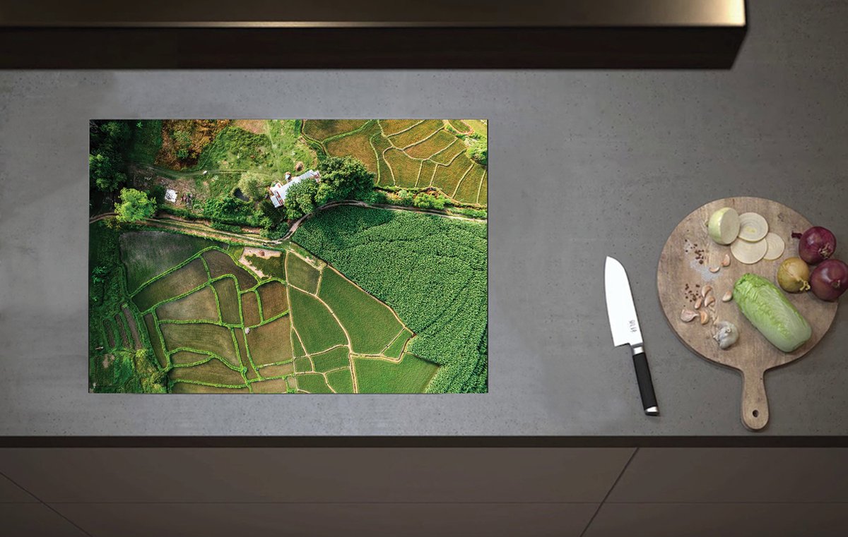 Inductieplaat Beschermer - Bovenaanzicht van een Landschap Gevuld met Rijstvelden - 70x52 cm - 2 mm Dik - Inductie Beschermer van Vinyl