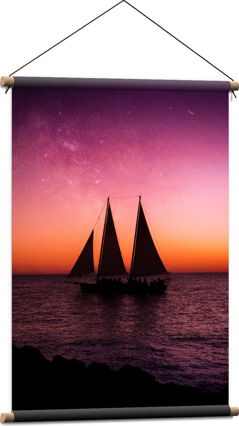 WallClassics - Affiche textile - Voilier sur mer avec ciel jaune violet - 60x90 cm Photo sur textile