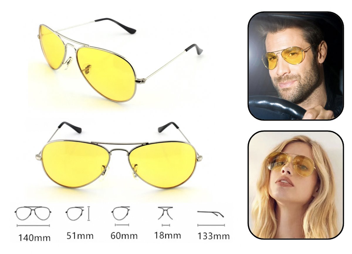Nachtzicht piloten bril goudkleurig voor volwassenen - Auto accessoires  nachtbril 
