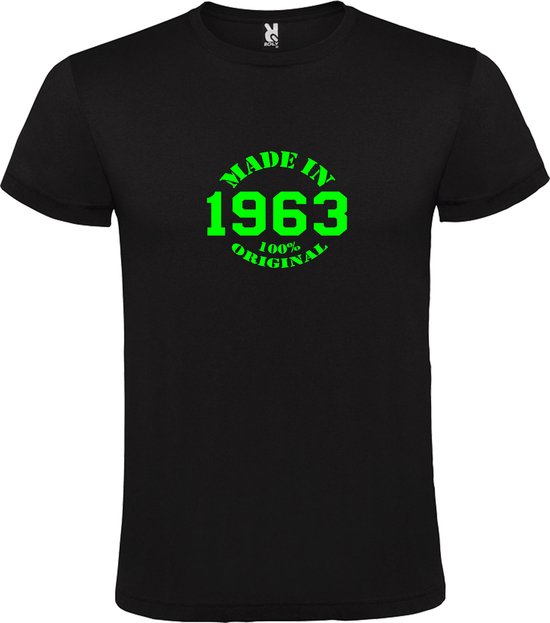 Zwart T-Shirt met “Made in 1963 / 100% Original “ Afbeelding Neon Groen Size XXXXXL