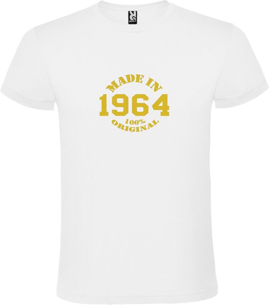 Wit T-Shirt met “Made in 1964 / 100% Original “ Afbeelding Goud Size XL