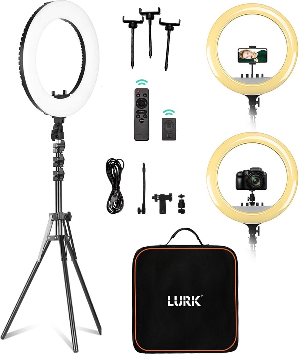 LURK® Ringlamp set PRO 18 inch - Verstelbaar statief & afstandsbieding – LED - Geschikt voor smartphone en (actie)camera