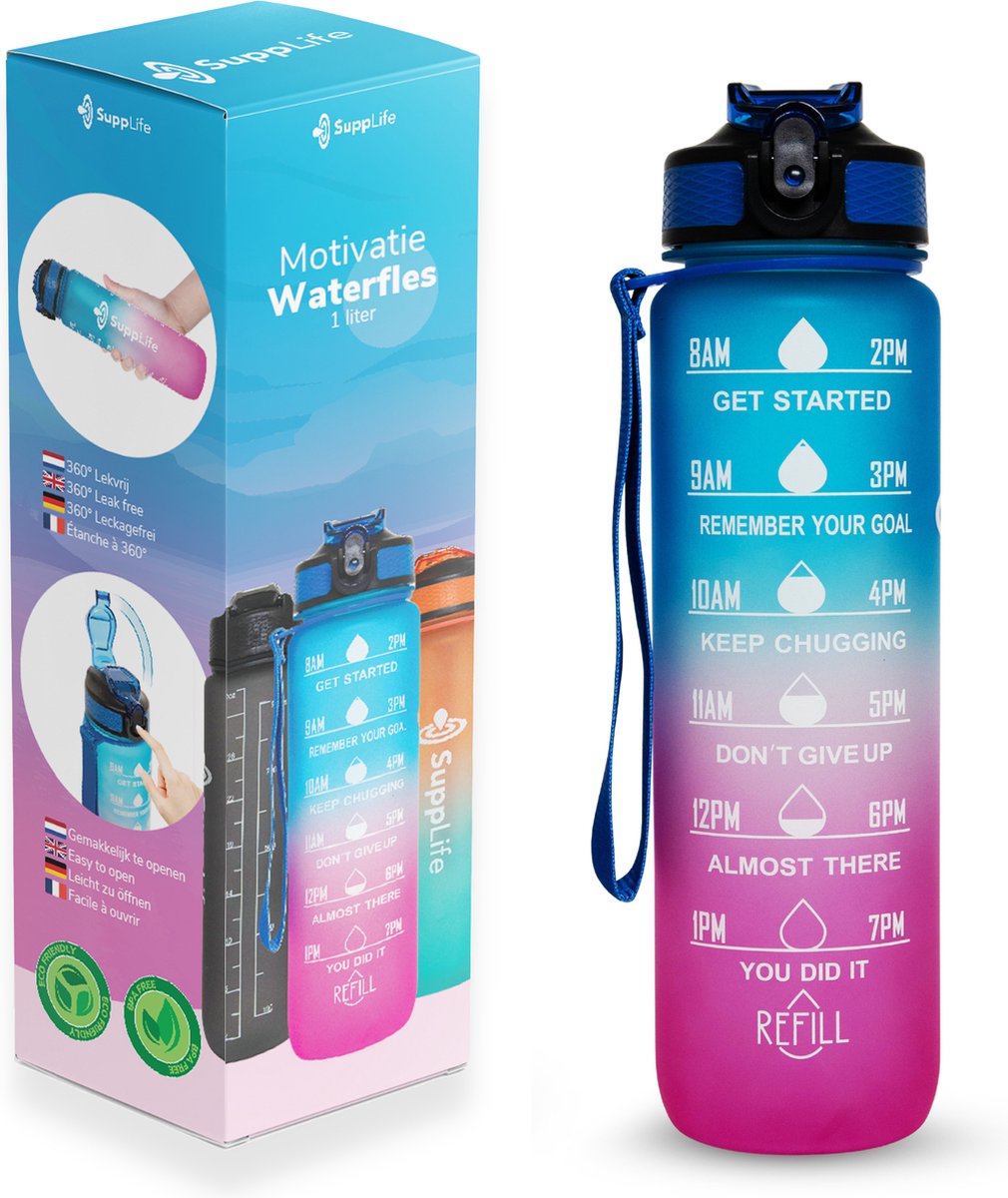 Supplife Motivatie Waterfles - 1 Liter Drinkfles - Waterfles met Tijdmarkering - Met Rietje - Volwassenen - Kinderen - Blauw Roze - Inclusief Schoonmaakborstel