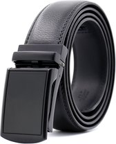 Zwarte 150 cm lange lederen riem zonder gaatjes met automatische gesp voor heren met een maatje meer ( model L023 )