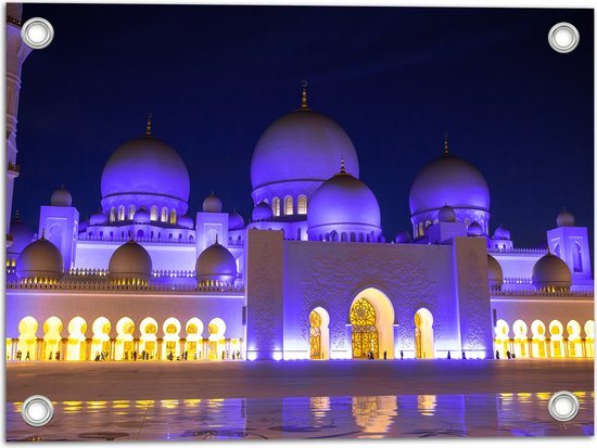 Tuinposter – Sjeik Zayed-moskee in de Nacht in Abu Dhabi - 40x30 cm Foto op Tuinposter (wanddecoratie voor buiten en binnen)