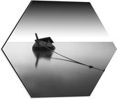 WallClassics - Dibond Hexagon - Zinkende Houten Boot op Meer (zwart-wit) - 40x34.8 cm Foto op Hexagon (Met Ophangsysteem)