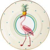Yvonne Ellen London gebaksbordje - 16cm - Flamingo - porselein - ananas - geel gebaksbord met flamingo