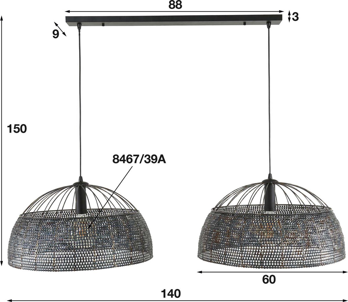 Giga Meubel Hanglamp Armor - Zwart/Bruin - 2-Lichts - 140x150x60cm