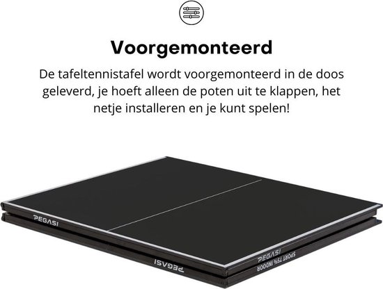 Opgevouwen zwarte tafeltennistafel, "Voorgemonteerd".
