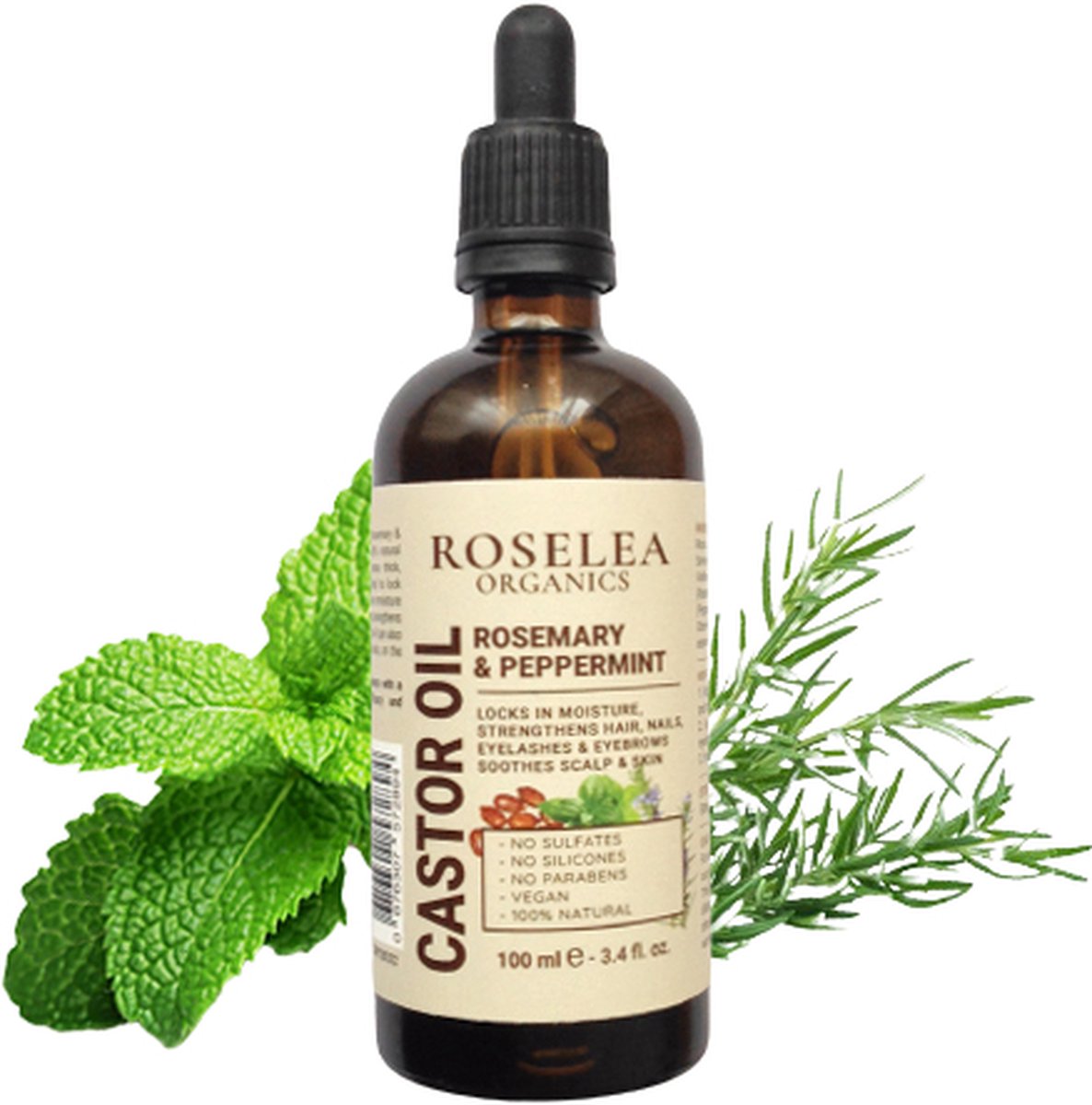 Roselea Organics - Biologische Castorolie met Rozemarijn & Pepermunt -Voedt het haar en stimuleert de haargroei. Versterkt haar, wimpers, wenkbrauwen en nagels - Al onze Ingrediënten zijn Natuurlijk (100 %) en Biologisch (99 %) - 100 ml