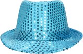 Boland Trilby hoed met pailletten - turquoise blauw - glitter - Themafeest hoedje