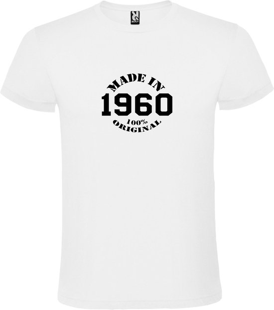 Wit T-Shirt met “Made in 1960 / 100% Original “ Afbeelding Zwart Size XXXXXL