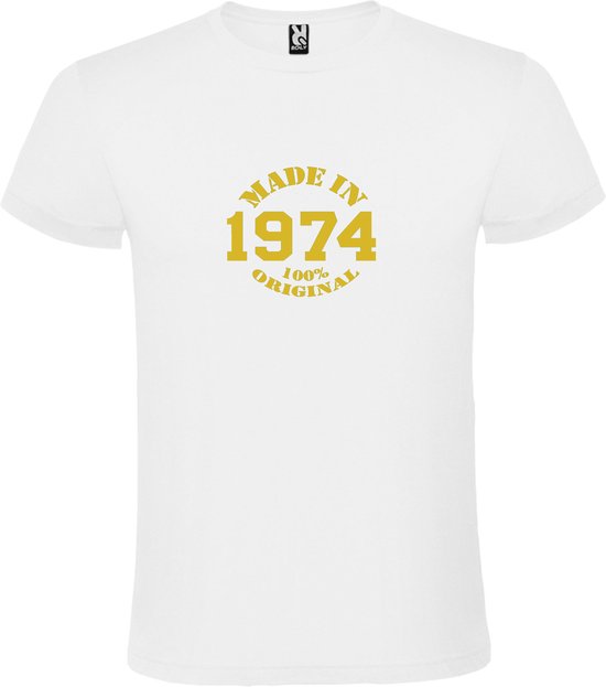 Wit T-Shirt met “Made in 1974 / 100% Original “ Afbeelding Goud Size XXXL