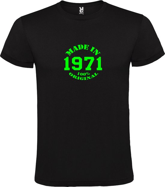 Zwart T-Shirt met “Made in 1971 / 100% Original “ Afbeelding Neon Groen Size XXXXL