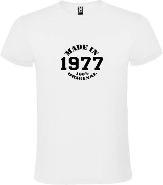 Wit T-Shirt met “Made in 1977 / 100% Original “ Afbeelding Zwart Size L