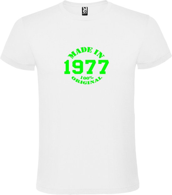 Wit T-Shirt met “Made in 1977 / 100% Original “ Afbeelding Neon Groen Size S