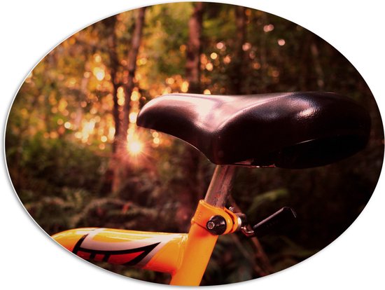 WallClassics - Plaque ovale en mousse PVC - Selle de vélo jaune dans la forêt - 108x81 cm Photo sur ovale (avec système d'accrochage)