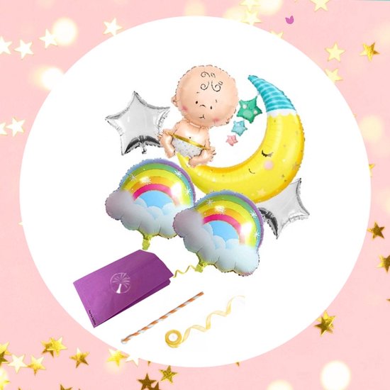 Grote Folie Ballonnen Set Oh Baby! - 6 baby folieballonnen met lint en rietje - XL Newborn Geboorte Baby versiering - Thema Feestpakket Baby Regenboog Baby - Helium ballon - Kraam Cadeau Babyshower Gender Reveal Party Boy Girl Meisje Jongen Unisex