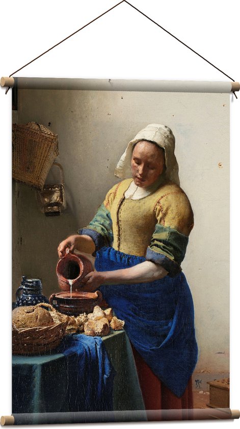 Textielposter - Het melkmeisje, Johannes Vermeer, ca. 1660 - 60x90 cm Foto op Textiel