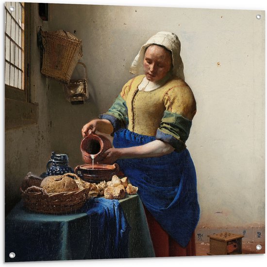 Tuinposter – Het melkmeisje, Johannes Vermeer, ca. 1660 - 100x100 cm Foto op Tuinposter (wanddecoratie voor buiten en binnen)