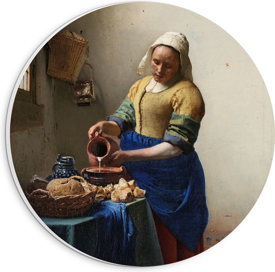 PVC Schuimplaat Muurcirkel - Het melkmeisje, Johannes Vermeer, ca. 1660 - 20x20 cm Foto op Muurcirkel (met ophangsysteem)