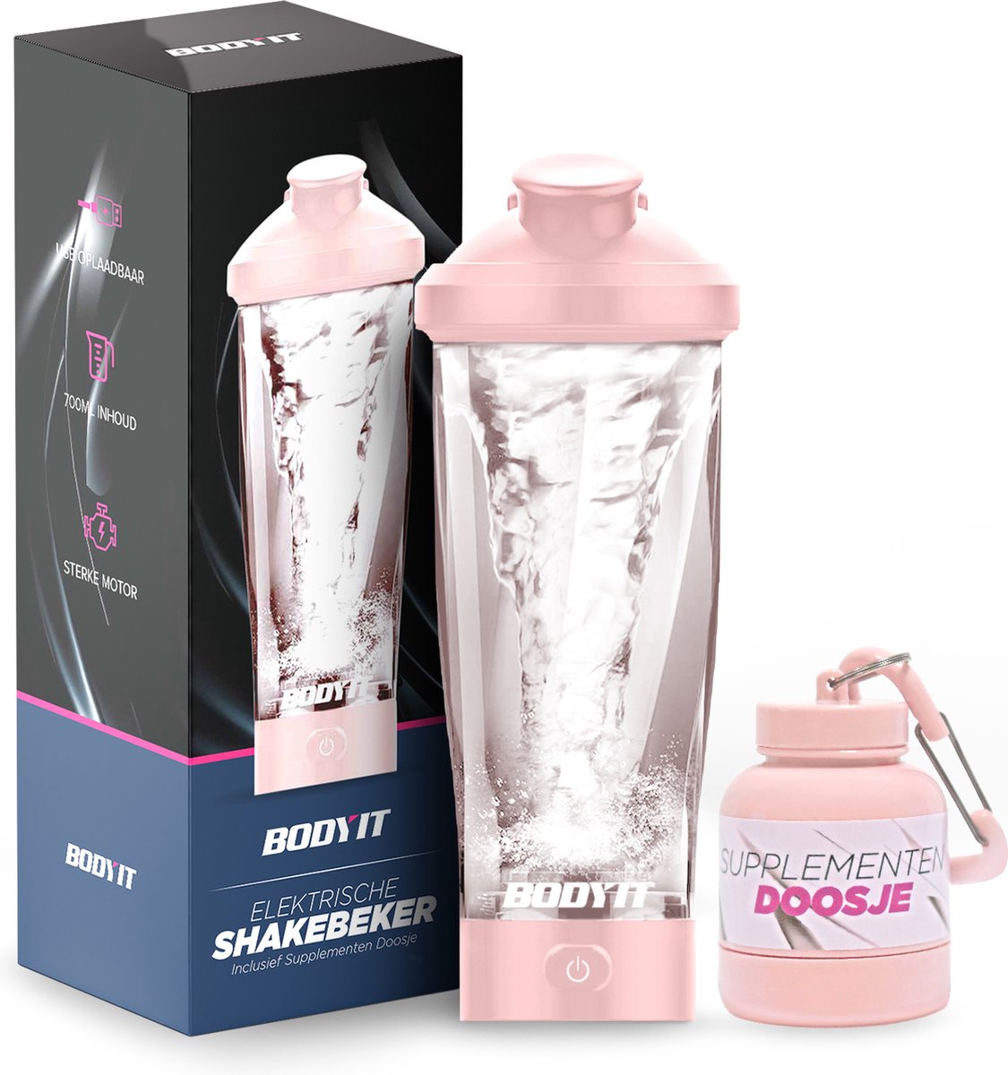 Goedkoopste BODYIT® - Elektrische Shakebeker met Supplementen Doosje - 700ml - Lekvrije Proteïne Shaker - USB-Oplaadbare Shakebekers met Accu - Roze