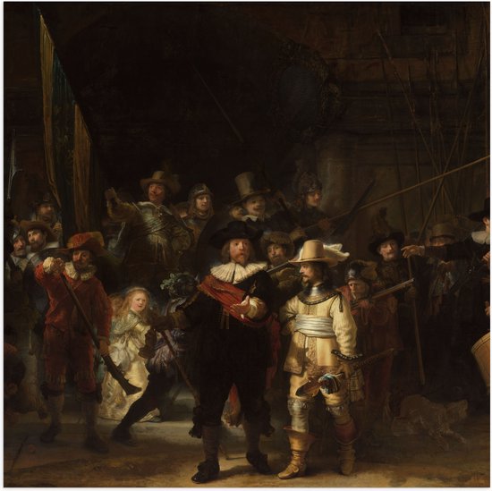 Poster Glanzend – De Nachtwacht, Rembrandt van Rijn, 1642 - Oude Meesters - 100x100 cm Foto op Posterpapier met Glanzende Afwerking