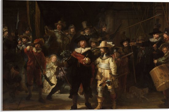 Acrylglas - De Nachtwacht, Rembrandt van Rijn, 1642 - Oude Meesters - 60x40 cm Foto op Acrylglas (Met Ophangsysteem)