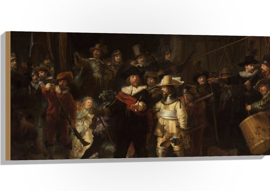 Hout - De Nachtwacht, Rembrandt van Rijn, 1642 - Oude Meesters - 100x50 cm - 9 mm dik - Foto op Hout (Met Ophangsysteem)