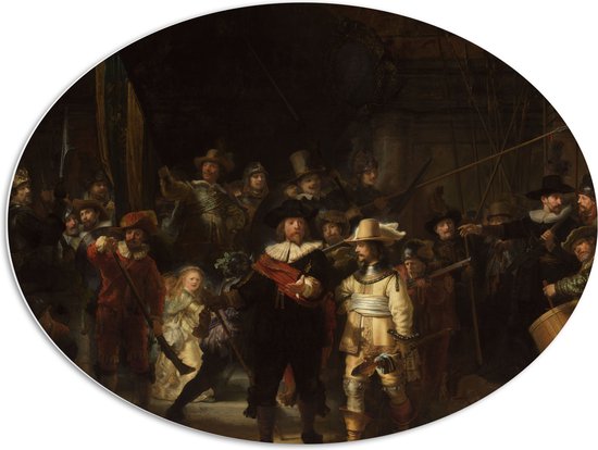 PVC Schuimplaat Ovaal - De Nachtwacht, Rembrandt van Rijn, 1642 - Oude Meesters - 96x72 cm Foto op Ovaal (Met Ophangsysteem)