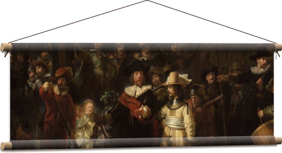 Textielposter - De Nachtwacht, Rembrandt van Rijn, 1642 - Oude Meesters - 90x30 cm Foto op Textiel