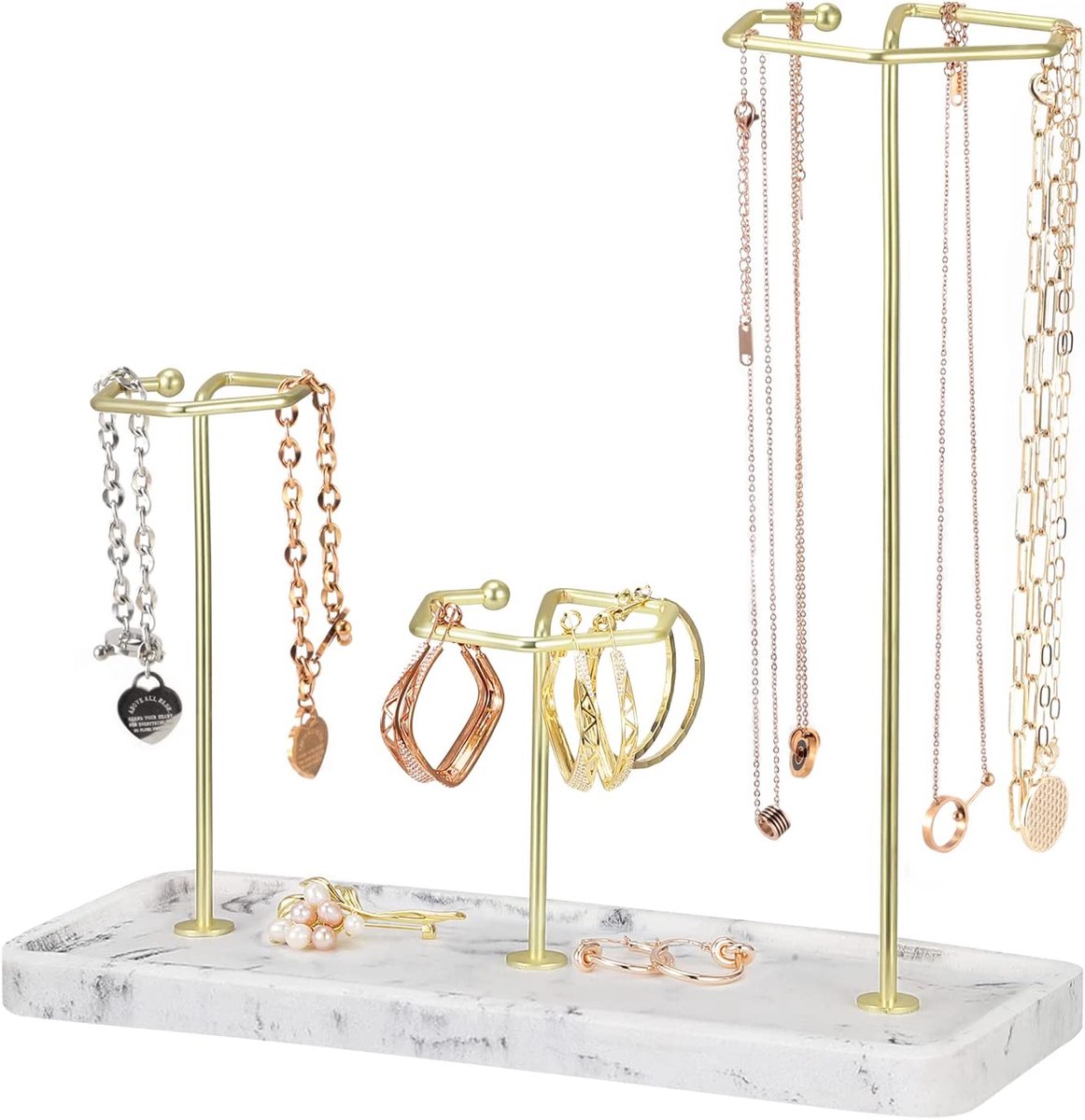 Jewelry Organizer Stand, Irregular Height Jewelry Holder Stand with Rectangular Resin Tray Golden Metal Rack, Necklace Bracelets Rings Earrings Display Tower Jewelry Tree Stand, Marble White