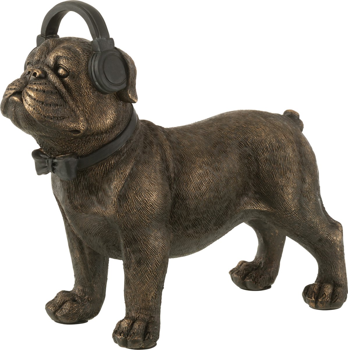 Beeld decoratie Bulldog met Koptelefoon Poly Donkerbruin Large 28cm