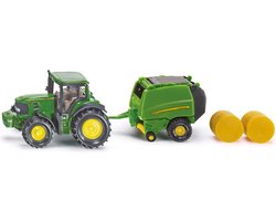 SIKU 1665, John Deere Tractor met Balenpers en 2 hooibalen, metaal/kunststof