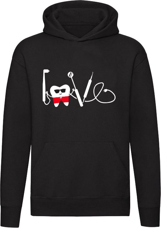 Love tandarts Hoodie | tanden | tandheelkunde | gebit | kiezen | mondzorg | Unisex | Trui | Sweater | Capuchon | Zwart