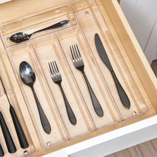 iDesign Linus ladenbox, extra grote bestekbak met 4 lange vakken van kunststof, uittrekbare sorteerdoos, doorzichtig