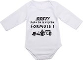 Hospitrix Baby Rompertje met Tekst "SSST! Papa en ik kijken Formule 1" | Maat M | 0-3 maanden | 62/68 | Lange Mouw | Cadeau voor Papa | Aanstaande Vader | Vaderdag