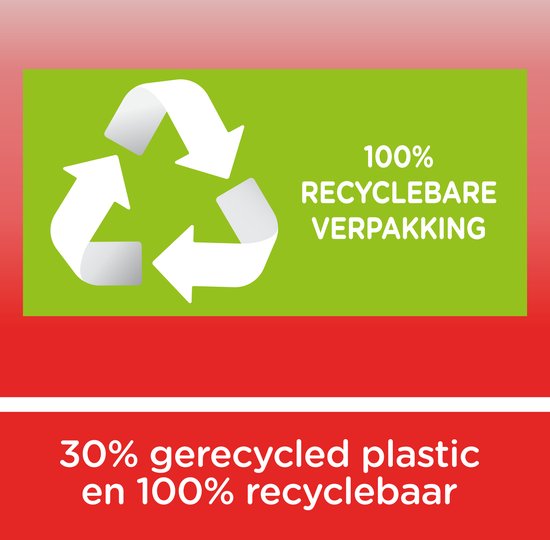 Groen label met witte recycle-symbolen. Tekst: 100% recyclebare verpakking. Rode onderrand met tekst: 30% gerecycled plastic en 100% recyclebaar.
