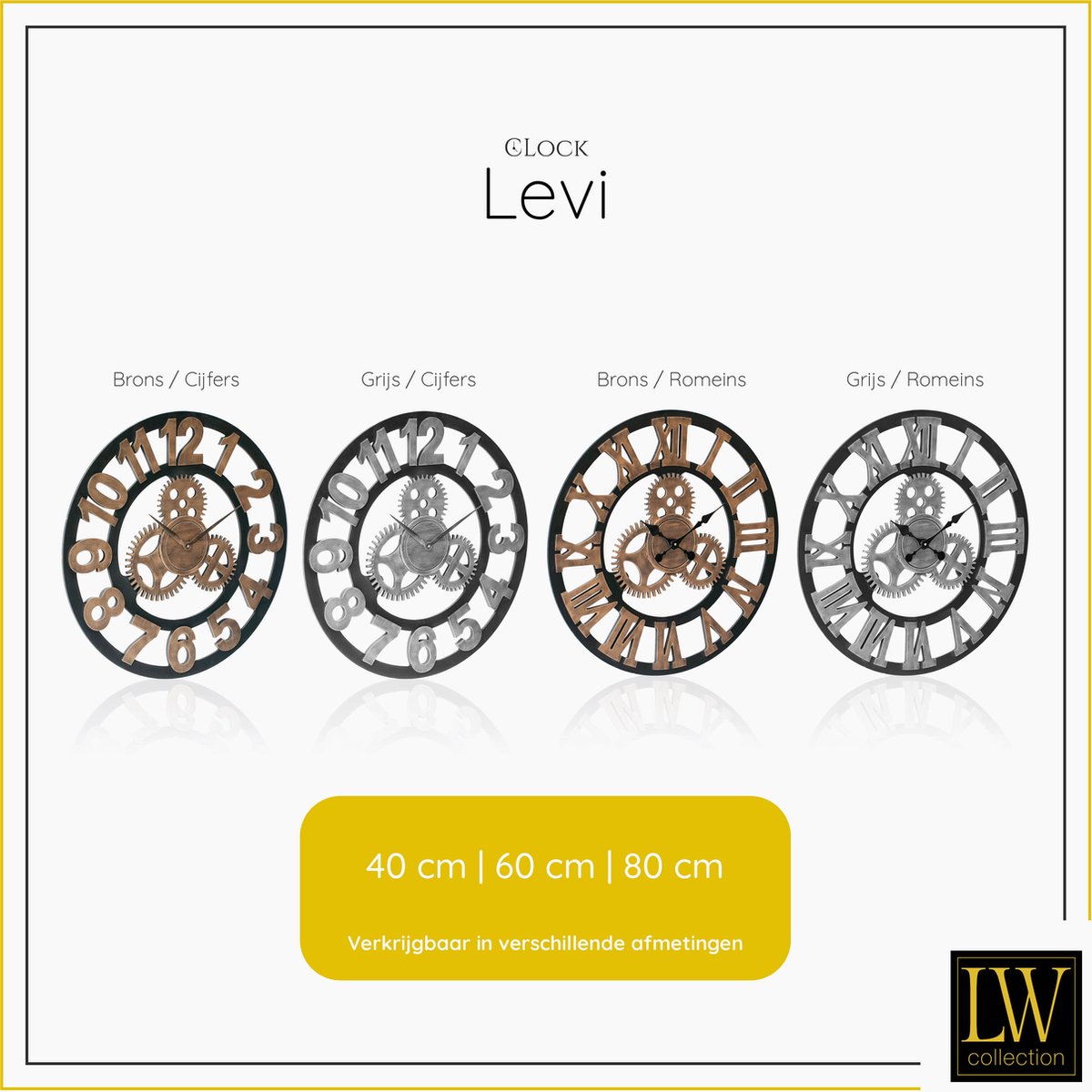 LW Collection Wandklok grijs zwart 40cm - Kleine houten klok met tandwielen romeinse cijfers - Industriële wandklok stil uurwerk — cadeau in Wonen & Interieur - foto 7